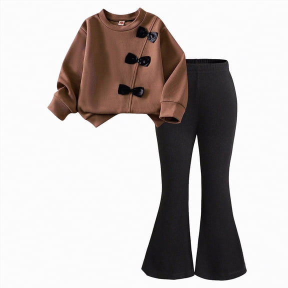 UngA Kids Toddler Girl Clothes bow tie Sweatshirt Flared Pants 2Pcs Fall Winter Outfits Set 4-5 Years,Coffee