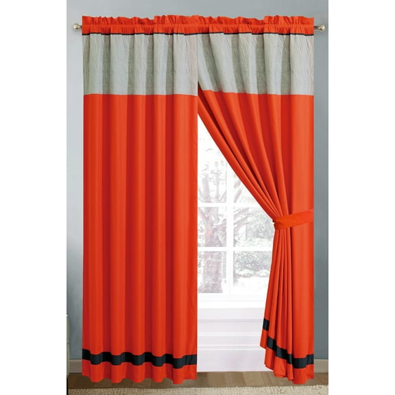 4-Pc Floral Medallion Embossed Curtain Set Orange Blue Sliver Drape Sheer Liner Valance