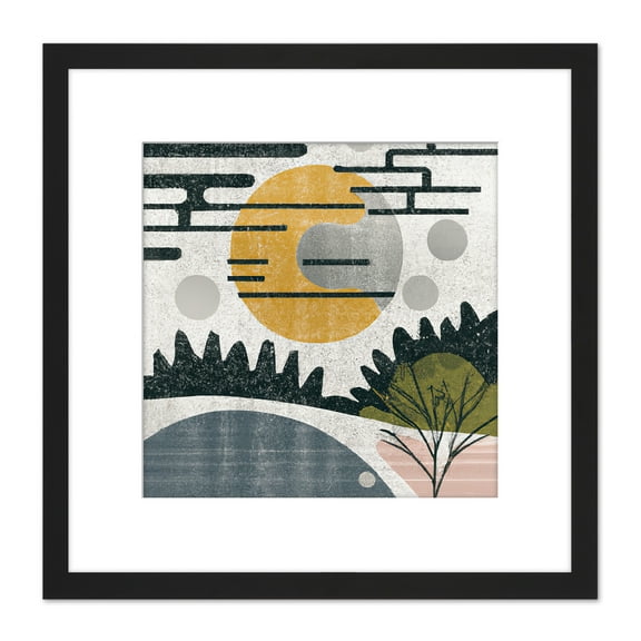 Abstract Landscape Grunge Boho Sunrise Vintage Square Wooden Framed Wall Art Print Picture 8X8 Inch
