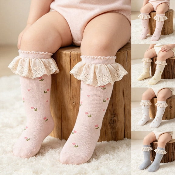 Ruffle Crew Socks,Cute Floral Frilly Socks Girls,Casual Turn Cuff Soft Crew Socks for Baby to Toddler Girls 0-12 Months 1T 2T 3T 4T 5T Kids