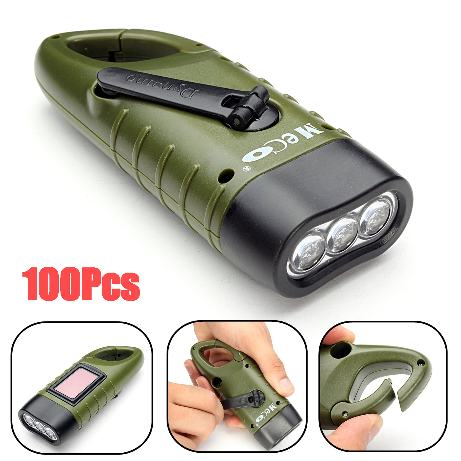 Solar Powered Hand Crank Flashlight For Emergency Hiking Camping and Survival Gear Rechargeable LED Cranking Light With Clip By Stalwart