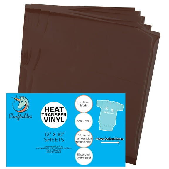 Craftables Brown Heat Transfer Vinyl HTV - 5 Sheets Easy to Weed Tshirt Iron on Vinyl for Silhouette Cameo, Cricut, all Craft Cutters. Ships Flat