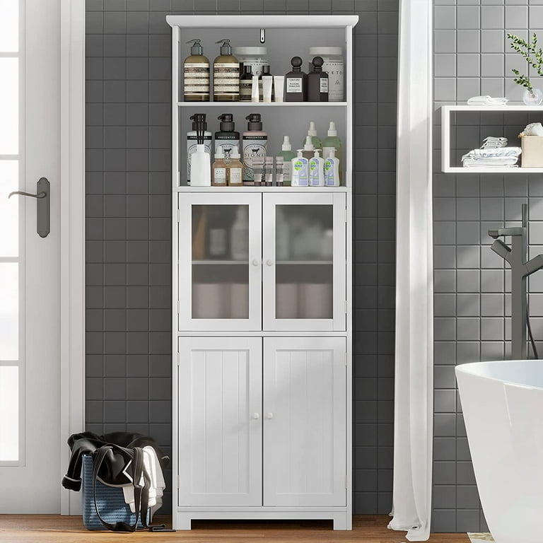 Bathroom Cabinet, Freestanding Tall Storage Cabinet with Adjustable Shelves  and Glass Doors, for Bathroom, Kitchen,White 