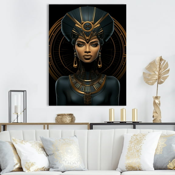 Designart "Portrait of Queen Nefertiti of Egypt Woman" Fashion Canvas Wall Art - Glam Gold Woman Egyptian Hallway Wall Art Decor