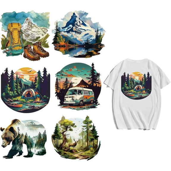 6 Sheets Adventure Iron on Decals Patches Shoes Bag Camping Car Iron on Stickers Mountain Forest Heat Transfer Stickers PET Washable Patches for DIY Clothes Decor 7.8 inch(20cm) Long 1set DIY