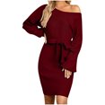 thumbnail image 2 of AOOCHASLIY Trendy Women Casual Solid Dress O-Neck Long Sleeve Bandage Mini Dress, 2 of 6