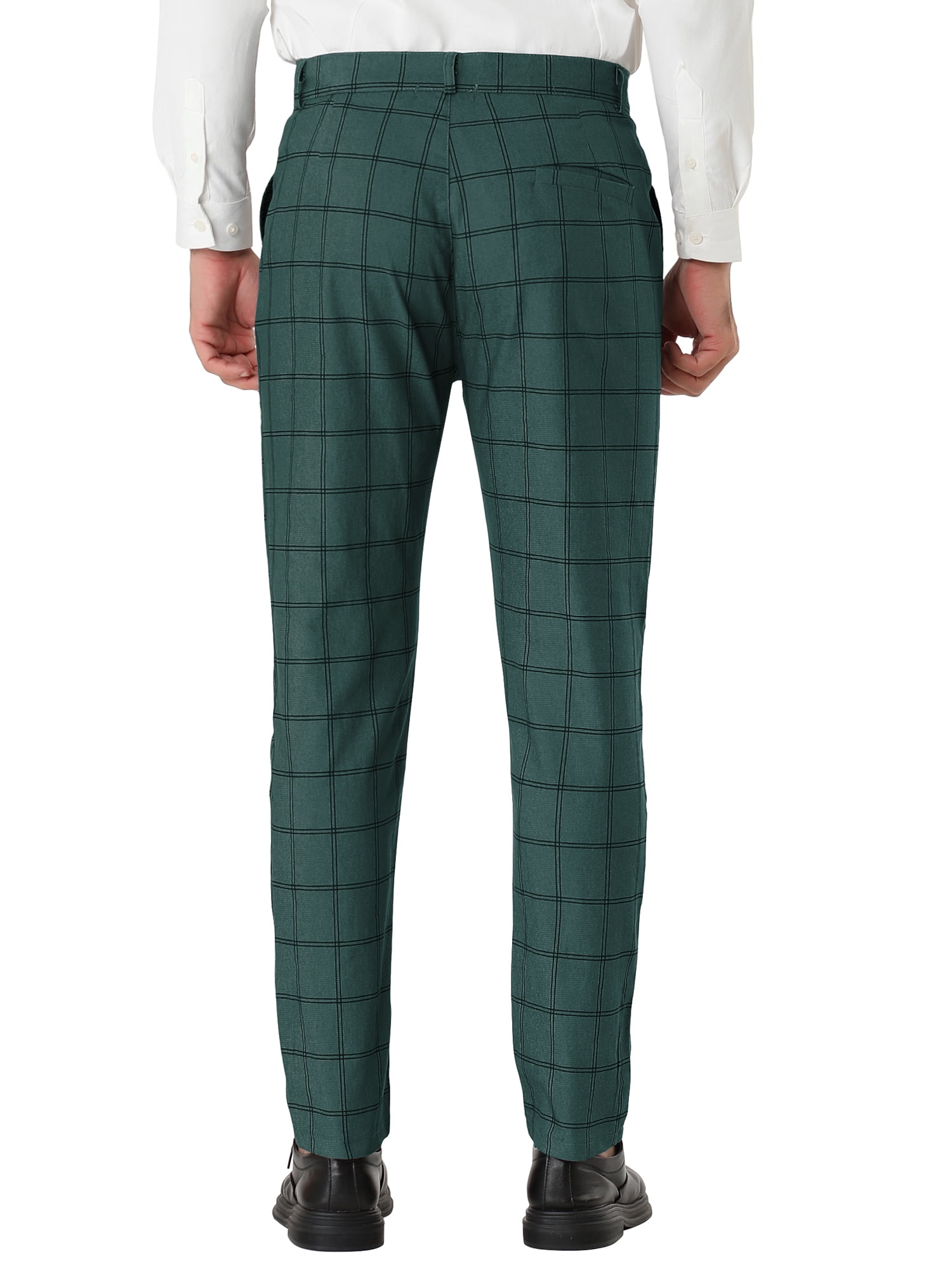 Unique Bargains Men's Slim Fit Plaid Business Pants Trousers with Pockets 32 Dark Green