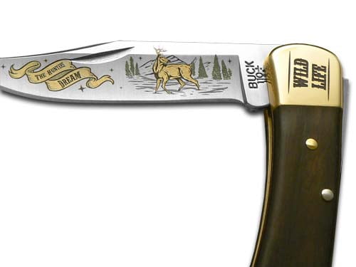 Buck 110 Wild Life Series Deer Ebony Wood Folding Hunter 420HC Stainless Pocket Knife