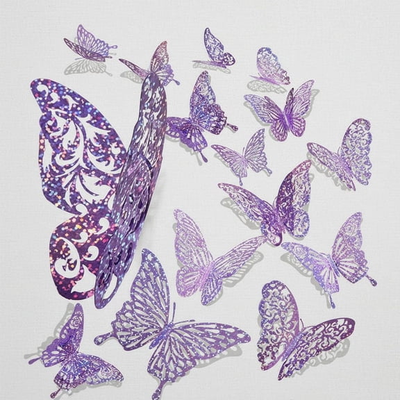60 Pcs 3D Sequined Purple Butterfly Wall Decor Stickers, 5 Styles 3 Sizes, Holographic Butterfly Decor for Dorm Room & Wedding Party Birthday Decor
