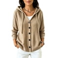 thumbnail image 3 of Sorvello Women's Hooded Knit Cardigan Sweater Button Down V Neck Drawstring Hood Solid Color Warm Fall Winter Outerwear Coat for Women Beige L, 3 of 7