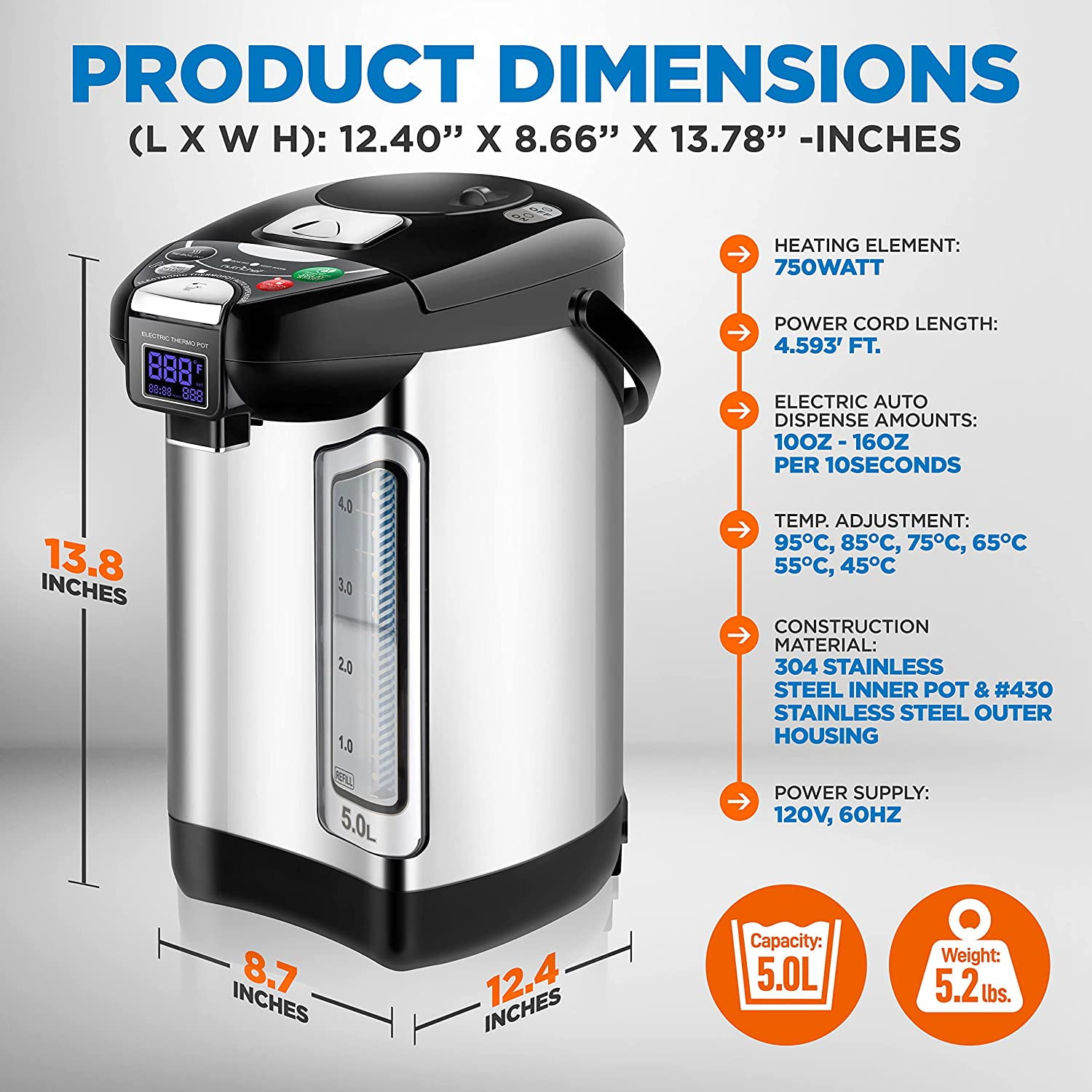 Nutrichef Digital Water Boiler and Warmer stainless Electric Hot Water Dispenser