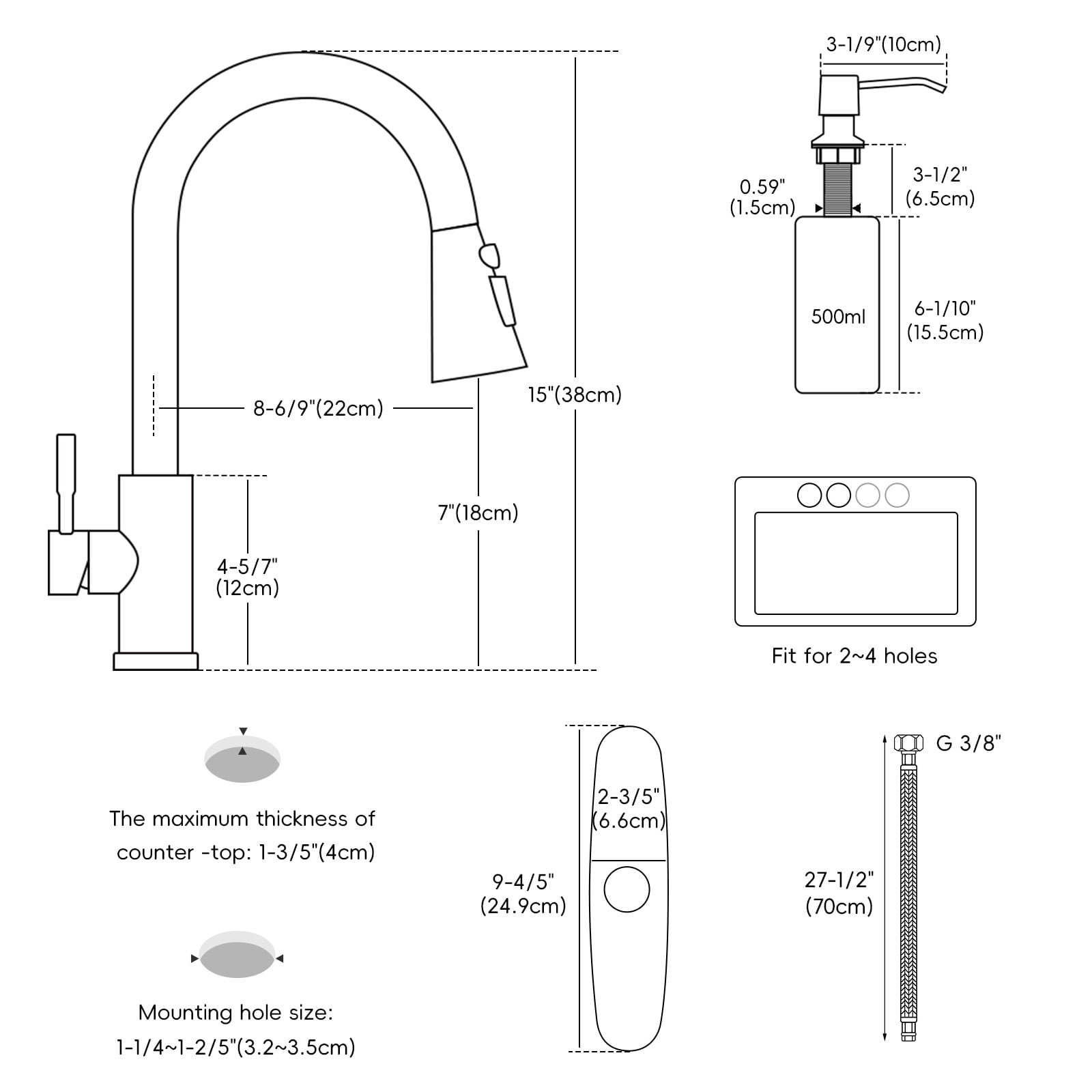 DAYONE Pull Down Brushed Nickel Kitchen Faucet with Sprayer and Soap Dispenser, Stainless Steel Faucet, 3 Modes High Arc Single Handle Kitchen Sink Faucet with Deck Plate for Kitchen Renovation