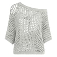 thumbnail image 3 of Lenpel Knitted Cover up for Women One Shoulder Asymmetric Neck 3/4 Sleeve Hollow out Sweater Tops Casual Loose Beach Vacation Clothes, 3 of 5