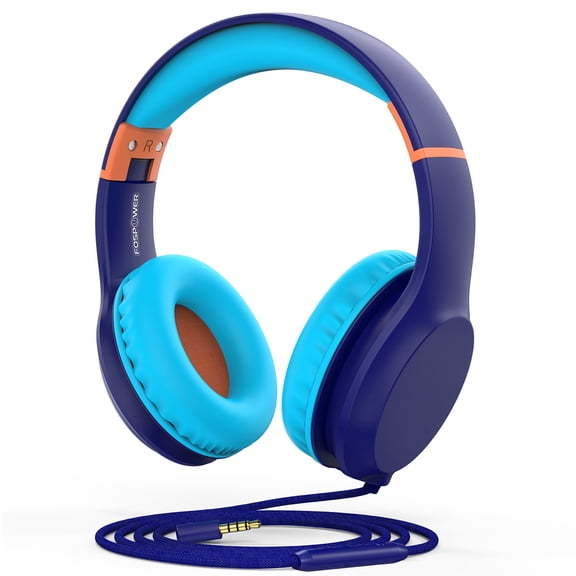 FosPower Kids Headphones with 3.5mm Laced Cables, Children & Teens Over The Ear Foldable Adjustable Headset w/ Built-in Mic for Smartphones/PC/Tablet/Laptop/School (Max Volume 85dB) - Blue / Orange