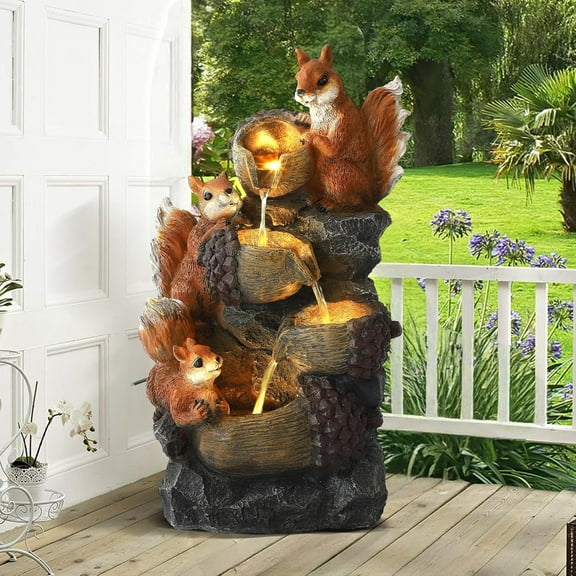 4-Tiers Water Fountains Outdoor, 24" H Resin Waterfalls Fountain with 4 LED Lights, Outdoor Garden Waterfalls Fountain with Squirrels & Pinecones for Indoor Decor Patio, Balcony, Yard