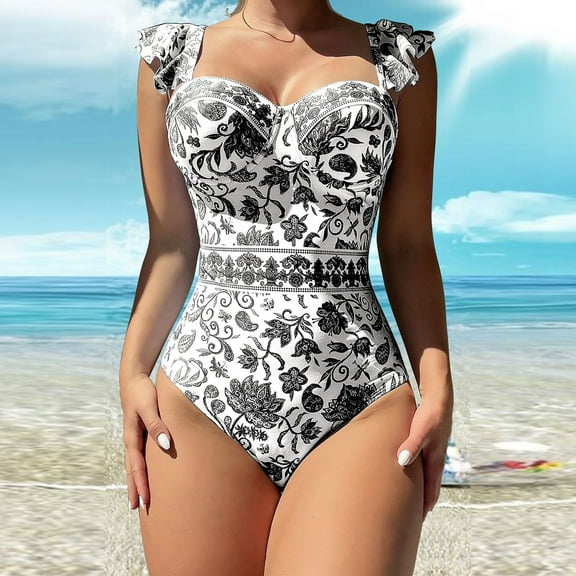 Summer Savings Women's Vintage Printed Swimwear Conservative Swimwear Women's Printed Beach Skirt Bikini Black, S