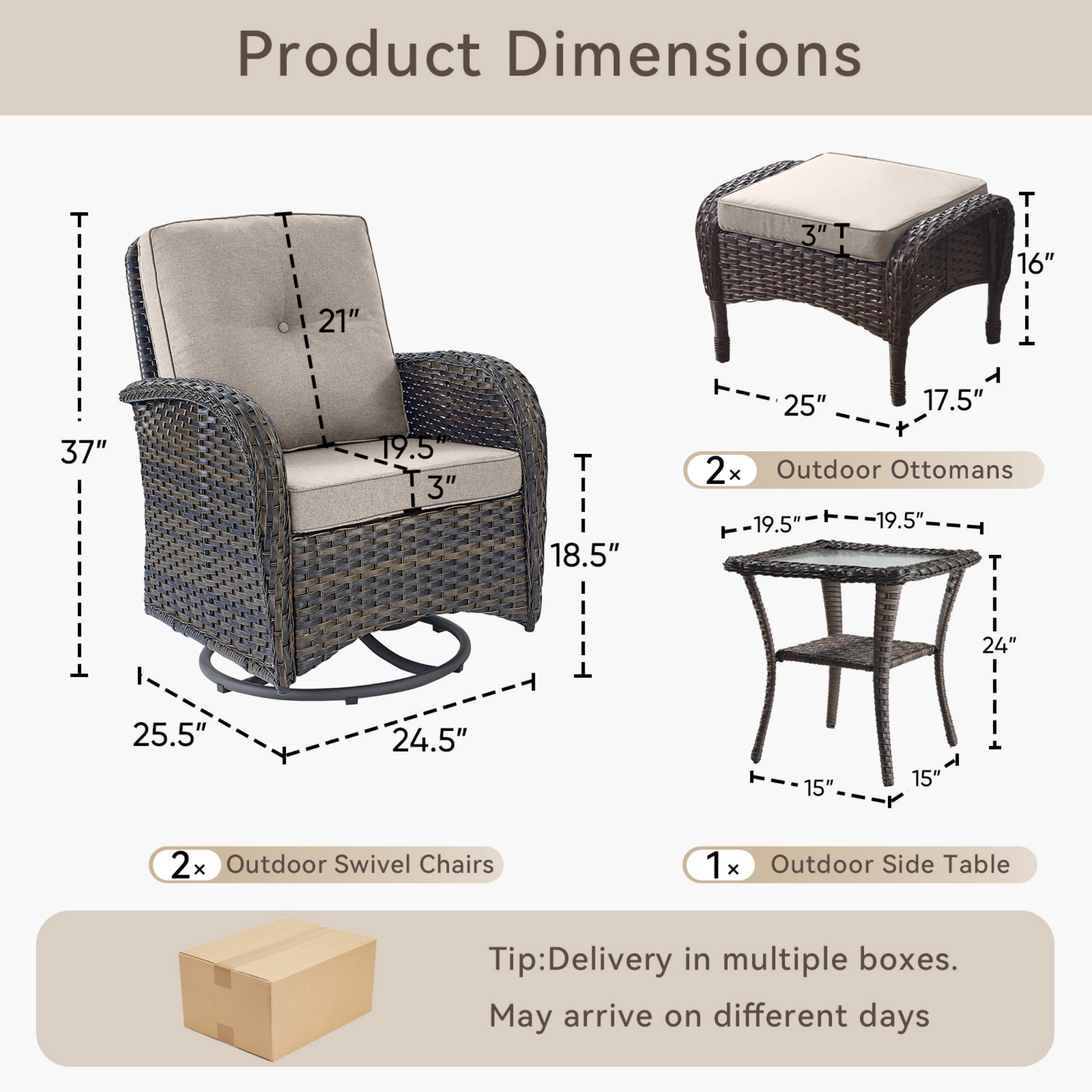 Unnifurnzi 5 Pieces Outdoor Wicker Patio Furniture Set-High Back Outdoor Rocking Chairs Set of 2 with Ottoman Patio Conversation Sets for Deck Lawn Porch Balcony Poolside-Brown/Beige