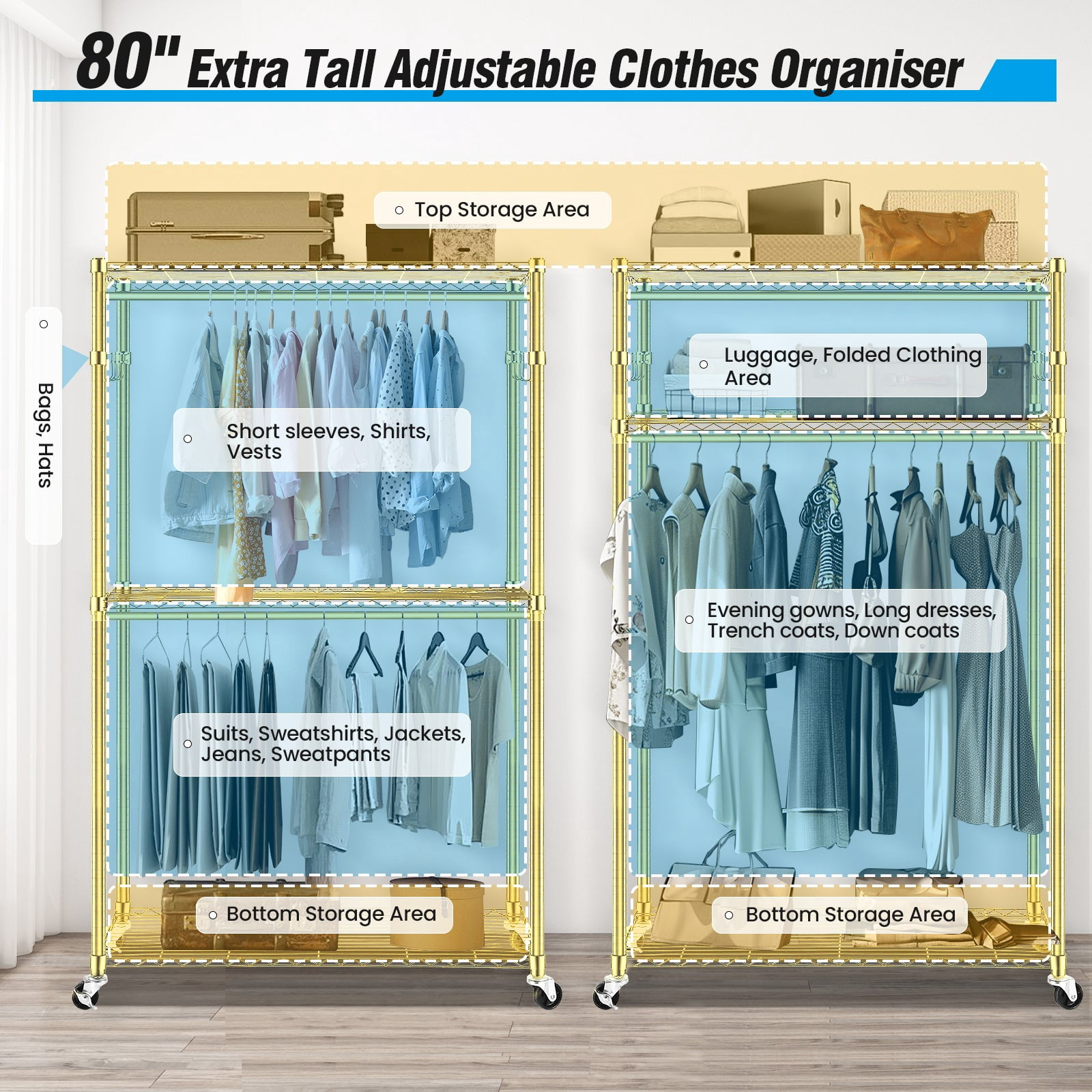 Sailvan Heavy Duty Clothing Rack with 3 Tier Adjustable Shelves, Double Rod Rolling Garment Rack, Small Space Freestanding Closet Wardrobe 17.72" D x 47.24" W x 80.71" H,Gold