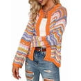 thumbnail image 2 of Women'S Multicolored Striped Crochet Knit Cardigan Crew Neck Flared Sleeve Button Y2K Sweater Coat Orange M, 2 of 10