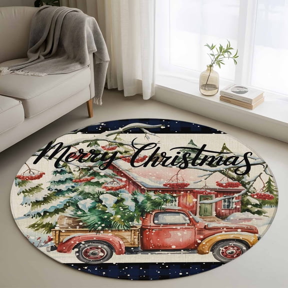 Christmas Red Truck Round Rug 3ft Washable Circle Entryway Rugs Non Slip Winter Farmhouse Rustic Xmas Tree Area Rug Indoor Floor Carpet for Bedroom Kitchen Living Room Home Office Dining Room Nursery