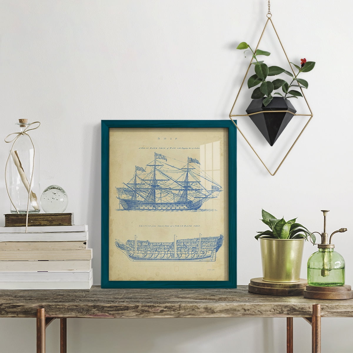 Vintage Ship Blueprint -Framed Print w/glass-Ocean Blue
