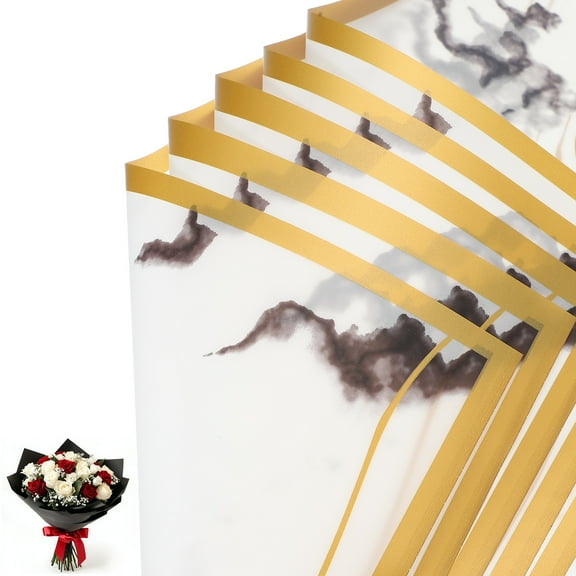 Uxcell Flower Wrapping Paper, Marble Gold Edge Floral Bouquet Wrapping Paper Waterproof Florist Supplies Packaging Paper for DIY Wedding Birthday Gift Marble White