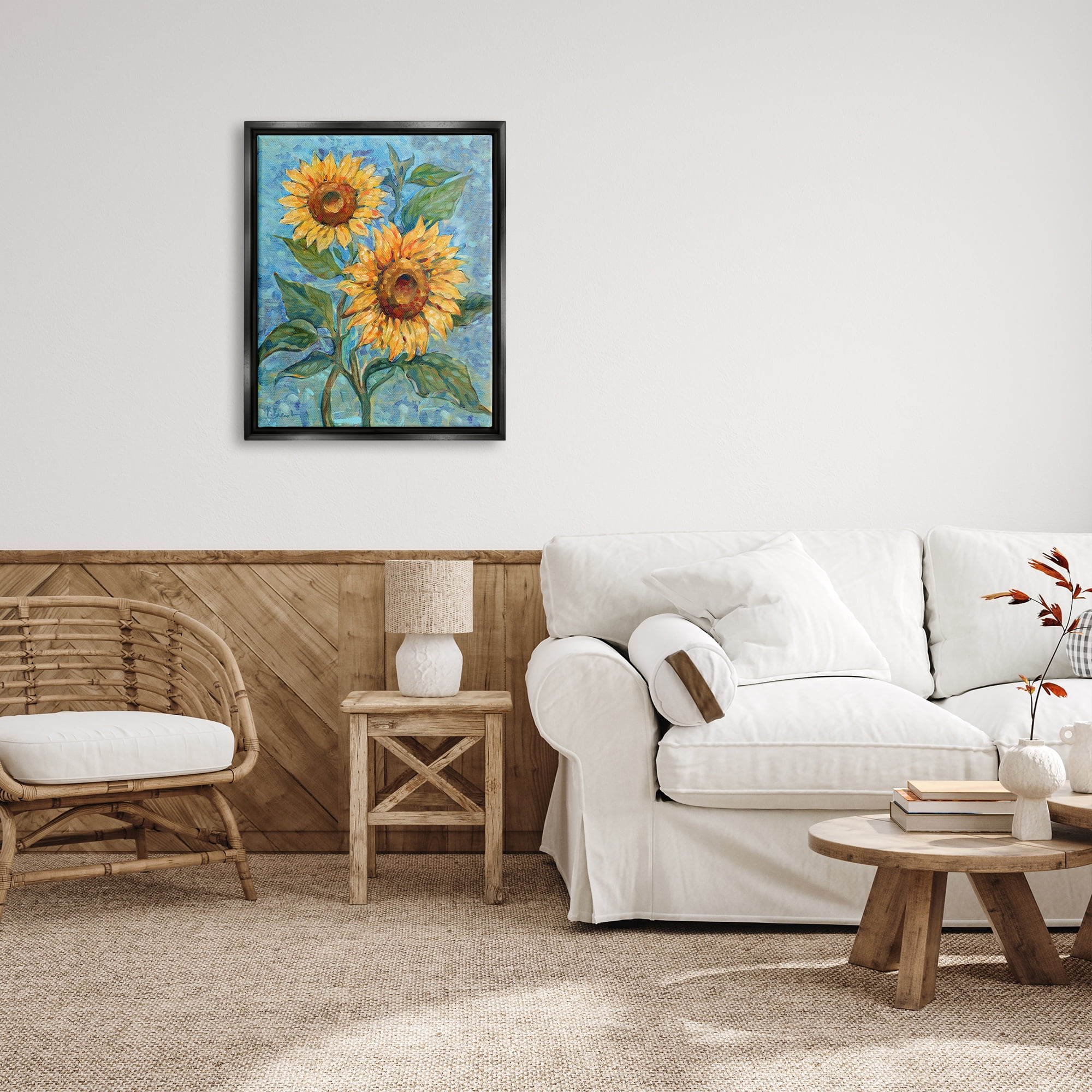 Stupell Industries Traditional Sunflowers on Blue Botanical & Floral Painting Black Floater Framed Canvas Art Print Wall Art, 25 x 31