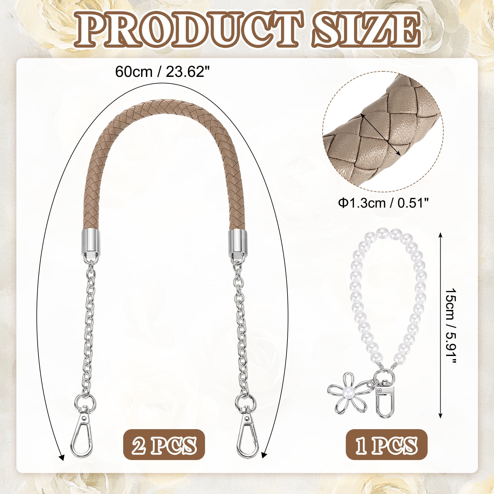 Uxcell 2 Pcs PU Leather Chain Purse Strap, 23.6 Inch Braided Purse Handles Replacement Strap with Pearl Pendant for Tote Bag Handbag Underarm Bag (Gray, Silver Chain)