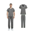 thumbnail image 5 of Domuza Scrub Set for Men Loose Fit V-Neck Short Sleeve Solid Color Top & Straight Leg Pants Soft Comfort Stretch Work Uniform with Pockets Gray L, 5 of 5