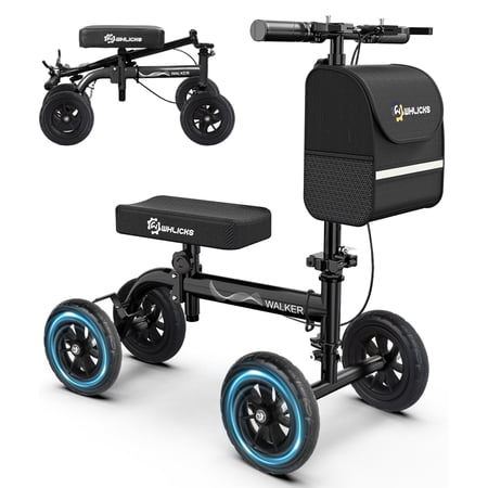 WHLICKS Foldable All-Terrain Knee Scooter for Adults, Steerable Medical Knee Walker with PU Wheels for Foot & Ankle Injury Recovery-Black