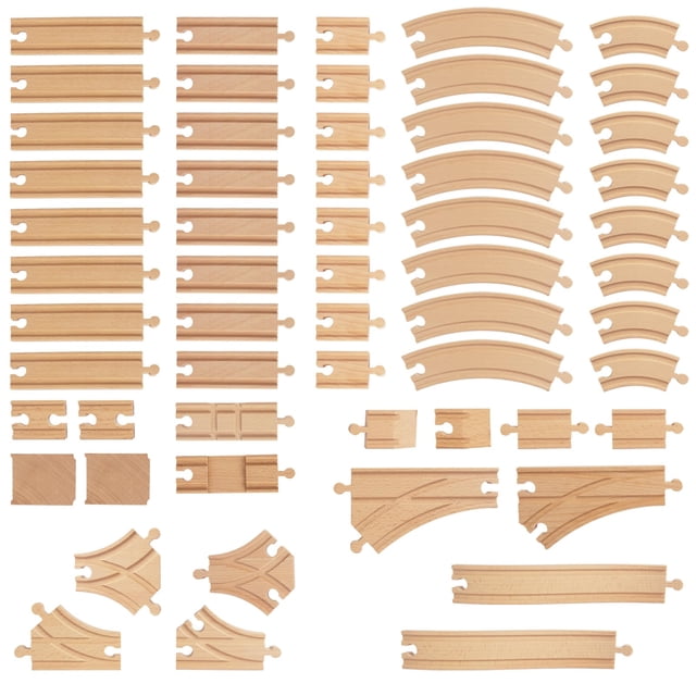 Wooden Train Tracks 58 Piece Set Track Expansion and 9 Distinct Pieces - 100% Compatible with All Major Brands Including Thomas Wooden Railway System