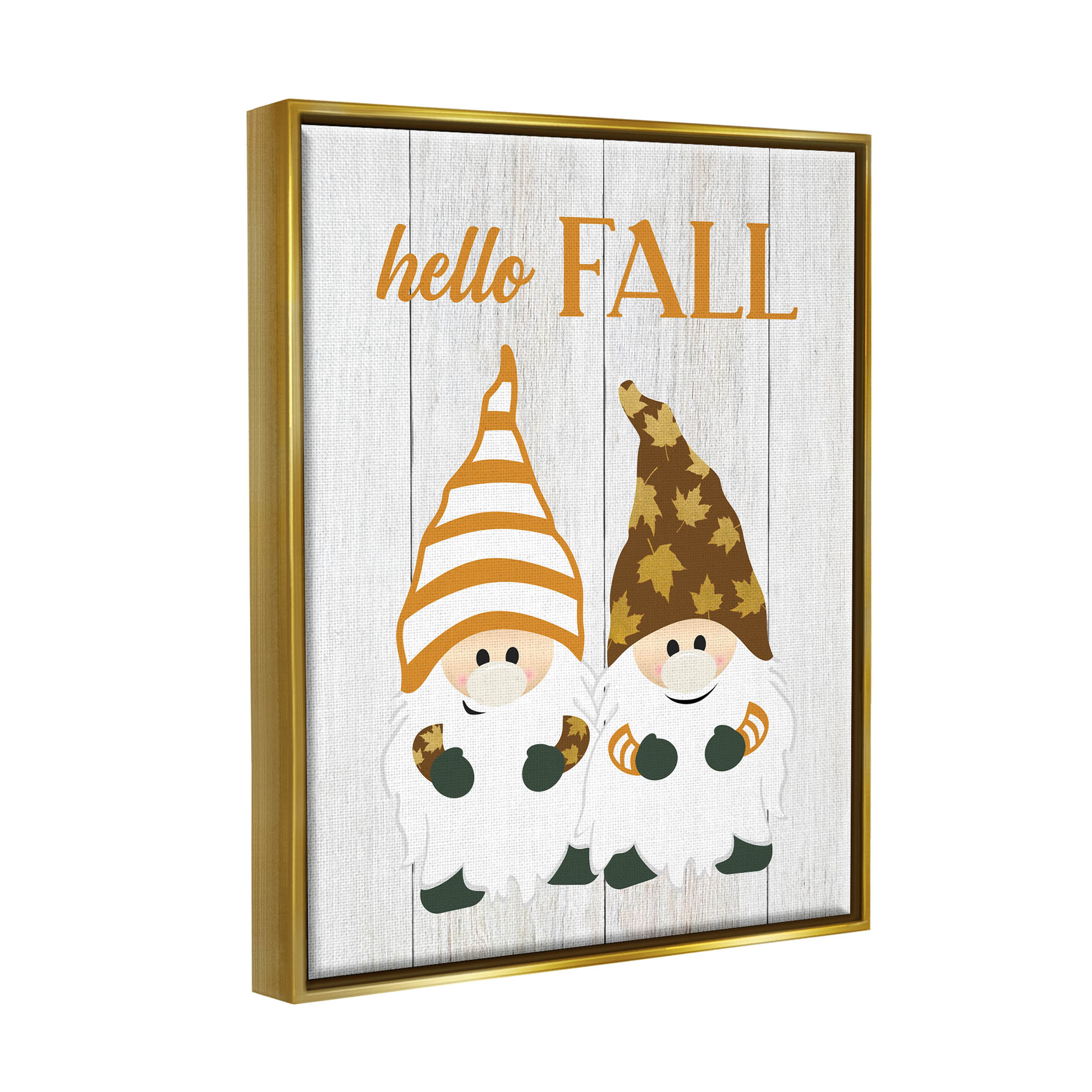 Stupell Industries Hello Fall Whimsical Gnomes Graphic Art Metallic Gold Floating Framed Canvas Print Wall Art, Design by CAD Designs