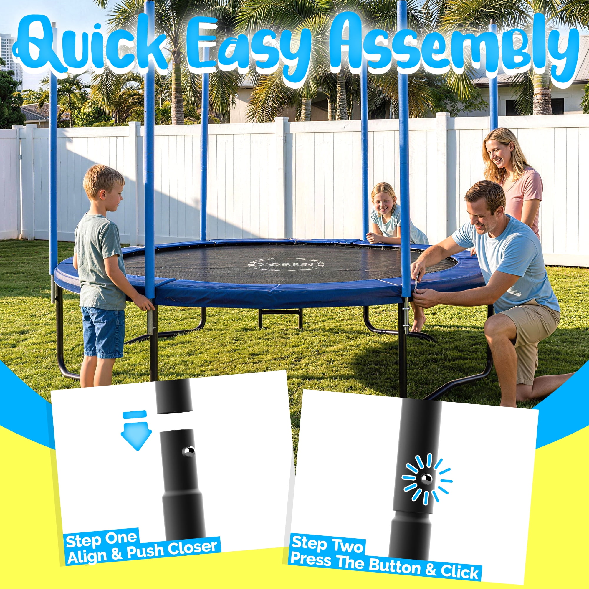 YORIN Trampoline for 2-3 Kids, 8 FT Trampoline for Adults with Enclosure Net, Ladder, Light, 800LBS Weight Capacity Outdoor Round Recreational Trampoline, Heavy Duty Trampoline