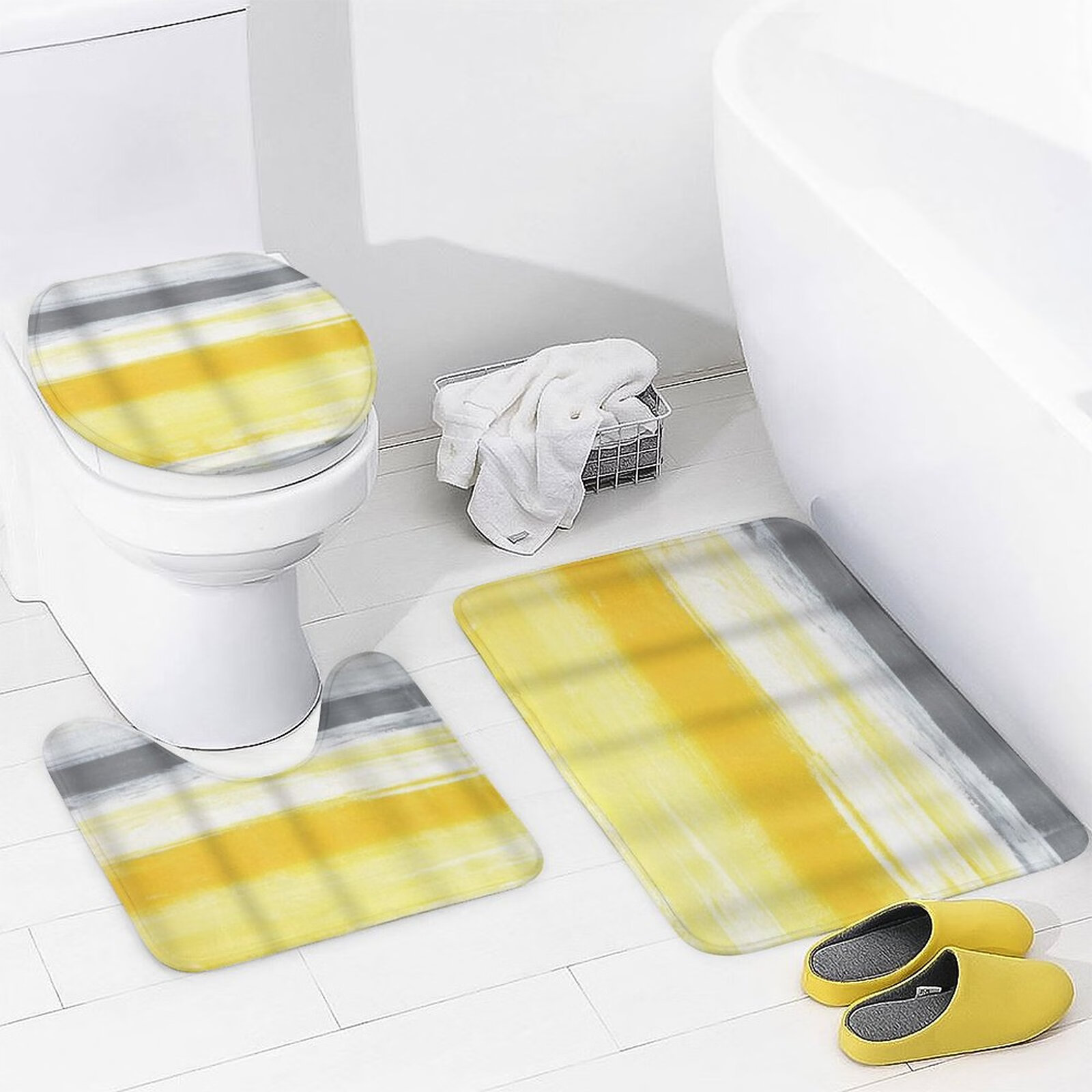4 Pcs Shower Curtain Set Grey Yellow Abstract Painting Ink Watercolor Retro  with Non-Slip Rugs Toilet Lid Cover and Bath Mat - Walmart.com, image size:1600x1600