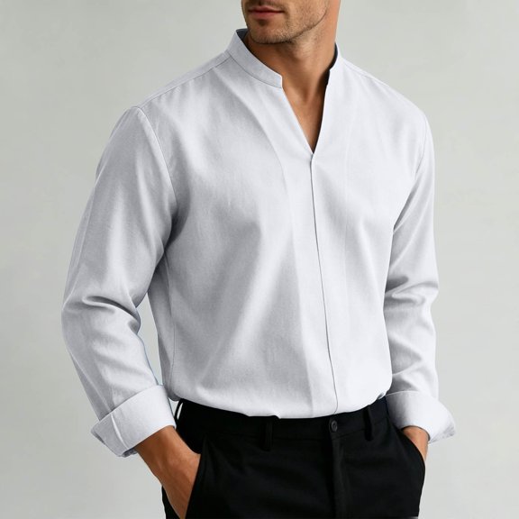Gamivast Band Collar Shirt for Men Long Sleeve Button Down Dress Top with Hidden Placket Smooth Fabric Regular Fit for Business Office Wedding Travel and Smart Casual White S