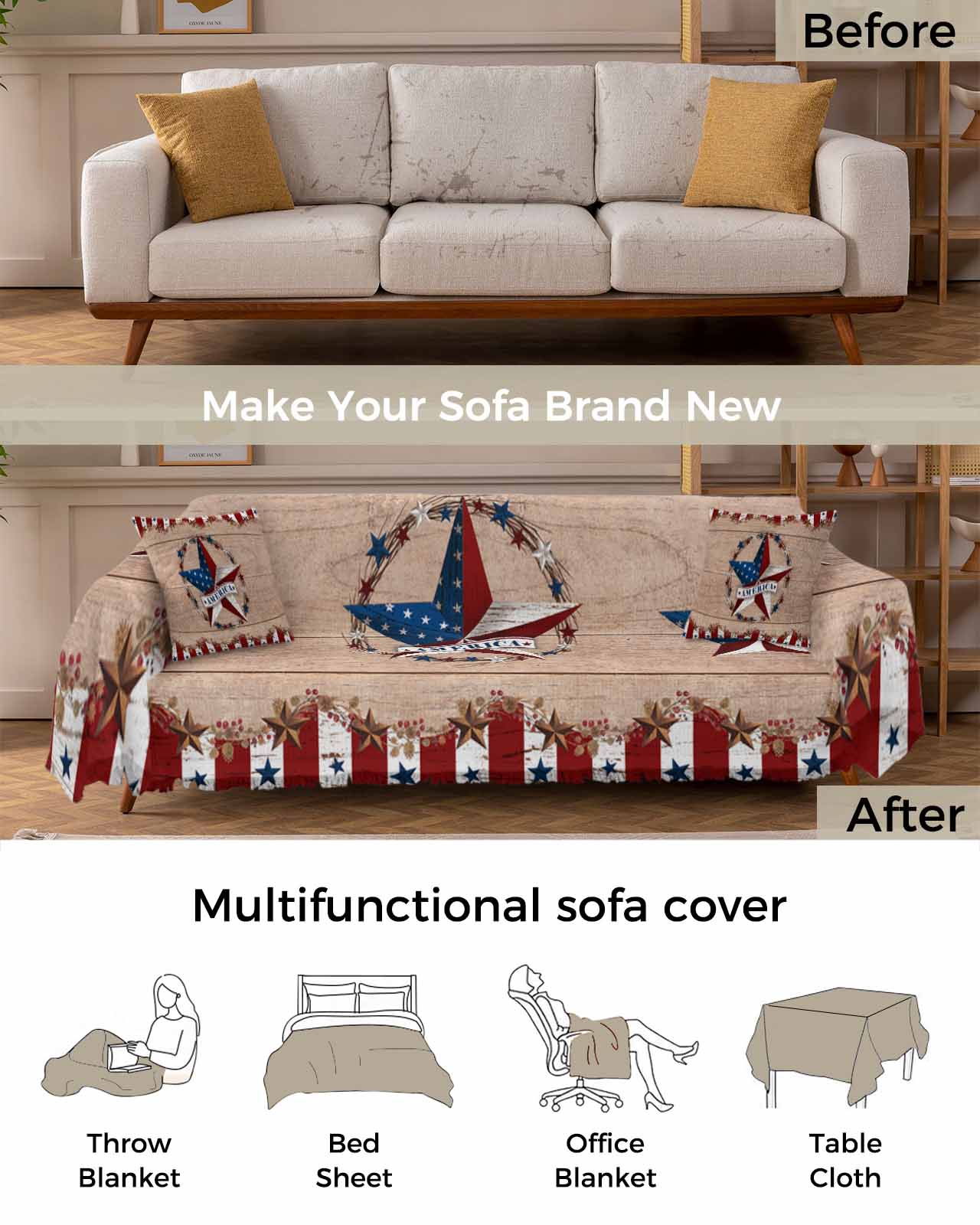 Independence Day Sofa Couch Covers for Dog,Washable Sofa Throw Cover Single Slipcovers for Armchair with Tassels,American Flag Country Style Star Couch Protector Towel Blanket Medium 71''x91''
