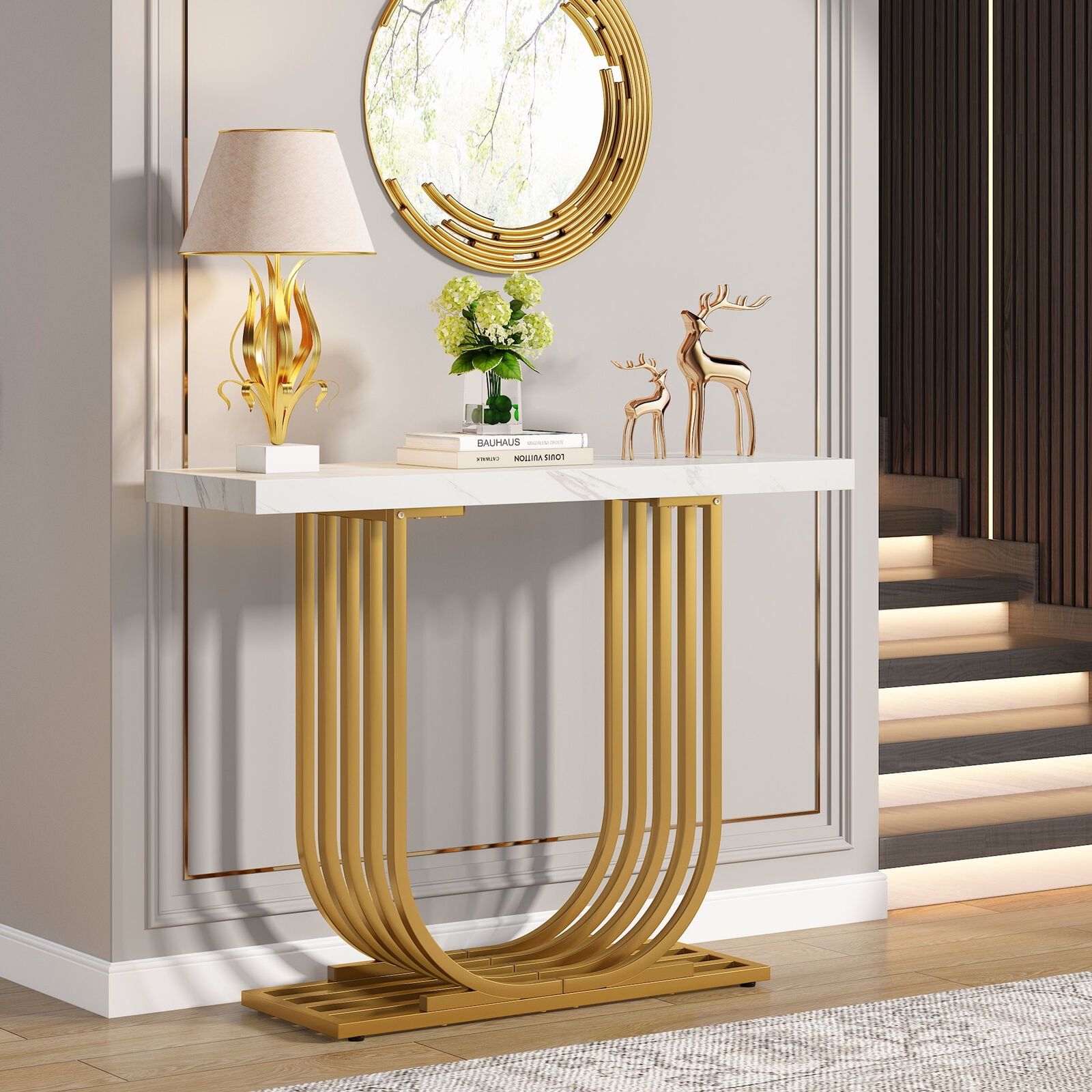 Gold Metallic Peacock Mirror with Gray Console Table - Contemporary -  Entrance/foyer