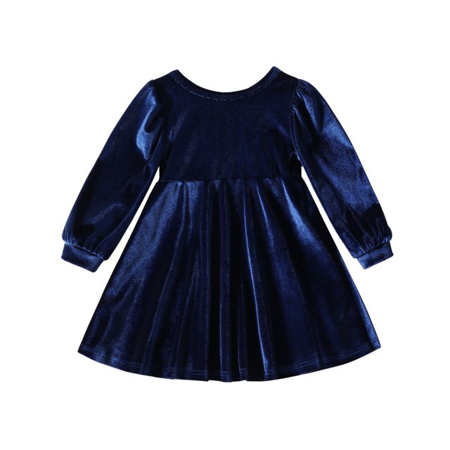 Robe en Velours pour Tout-Petites Filles avec Nœuds, Dos Découpé, Manches Longues Bouffantes, Col Rond, Automne Hiver, Robe de Fête Formelle (9 Mois, Bleu)