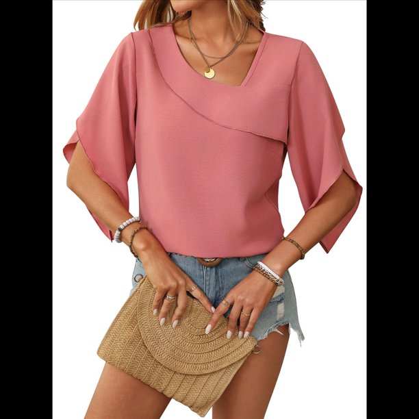 Blusa Informal Elegante de con Cuello en V para Mujer, 1/2, Verano 2025 Rojo Ladrillo M