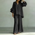 thumbnail image 5 of BRELIL Women Plus Size Two Piece Set V Neck Ruffle Sleeve Shirt Wide Leg Pants Casual Summer Loungewear Solid Boho Vacation Outfits Tracksuit Loose 2 Piece, Black 4XL, 5 of 5