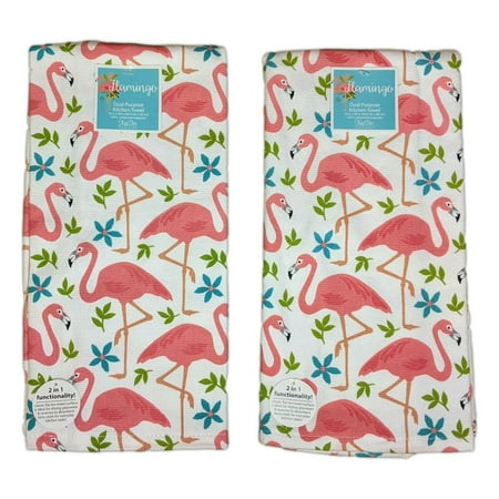 

Set of 2 Tropical FLAMINGO Toss Terry Kitchen Towels by Kay Dee Designs