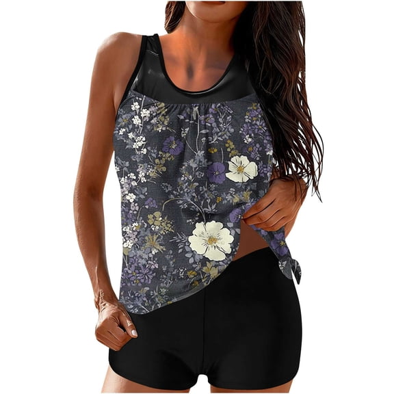 Tankini Sets for Women Built-in Padded Cups Mesh V Neck Cherry Blossom Floral 2 Piece Swimsuits Tummy Control Slimming Bathing Suits with Shorts