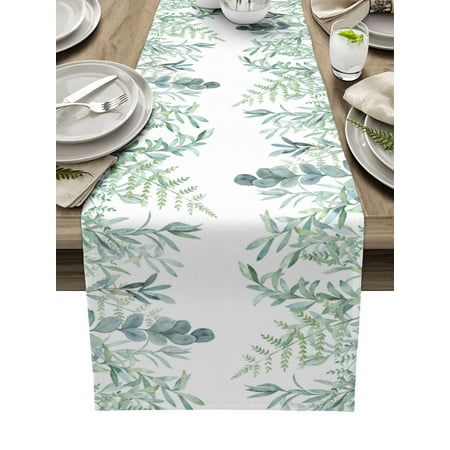 

Watercolor Green Leaf Leaves Plant Table Runner Home Party Decorative Tablecloth Cotton Linen Table Runners for Wedding