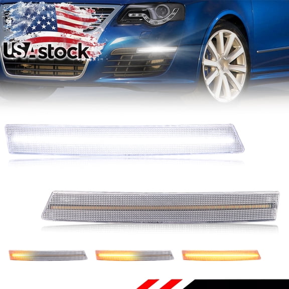 2PCS Clear Lens Front Bumper Parking Light Side Marker Light Turn Signal Light Turn Warning Light with Dynamic Amber & White LED For 2006 2007 2008 2009 2010 Volkswagen Passat