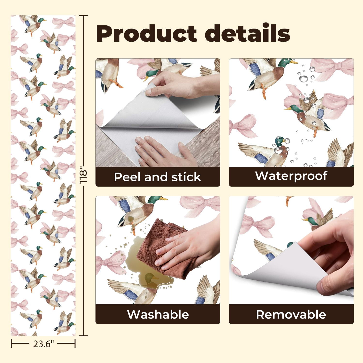 Peel and Stick Wallpaper Mallard Ducks Pink Bows Watercolor Soft Pastel Tones Wall Mural 23.6in x 9.8ft Self Adhesive Removable Wall Paper Renter Friendly Wallpaper for Nursery Bedroom Cabinets