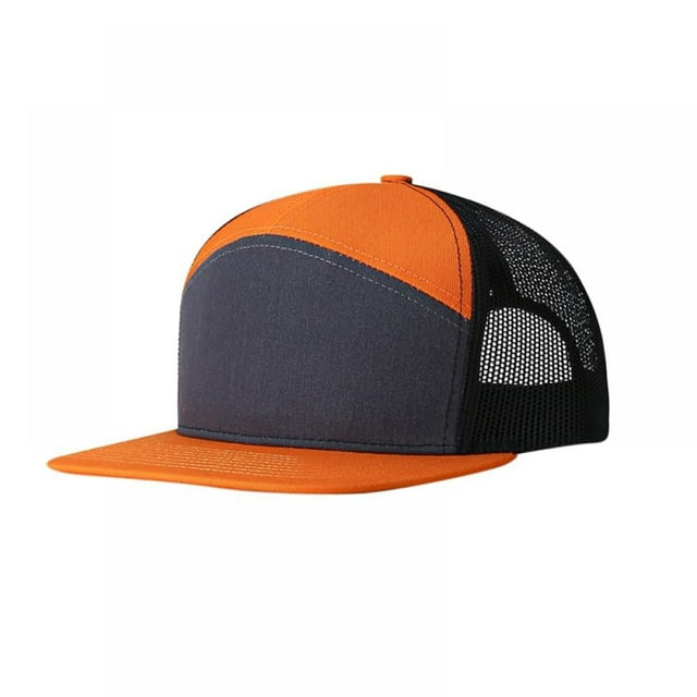 Square Flat Visor SNAP 7 Panel Mesh Back Trucker Snapback Hat,orangeblack,One Size