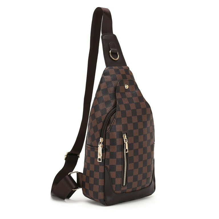 FR Fashion Co. 13 Brown Checkered Print Leather Crossbody Sling Bag 