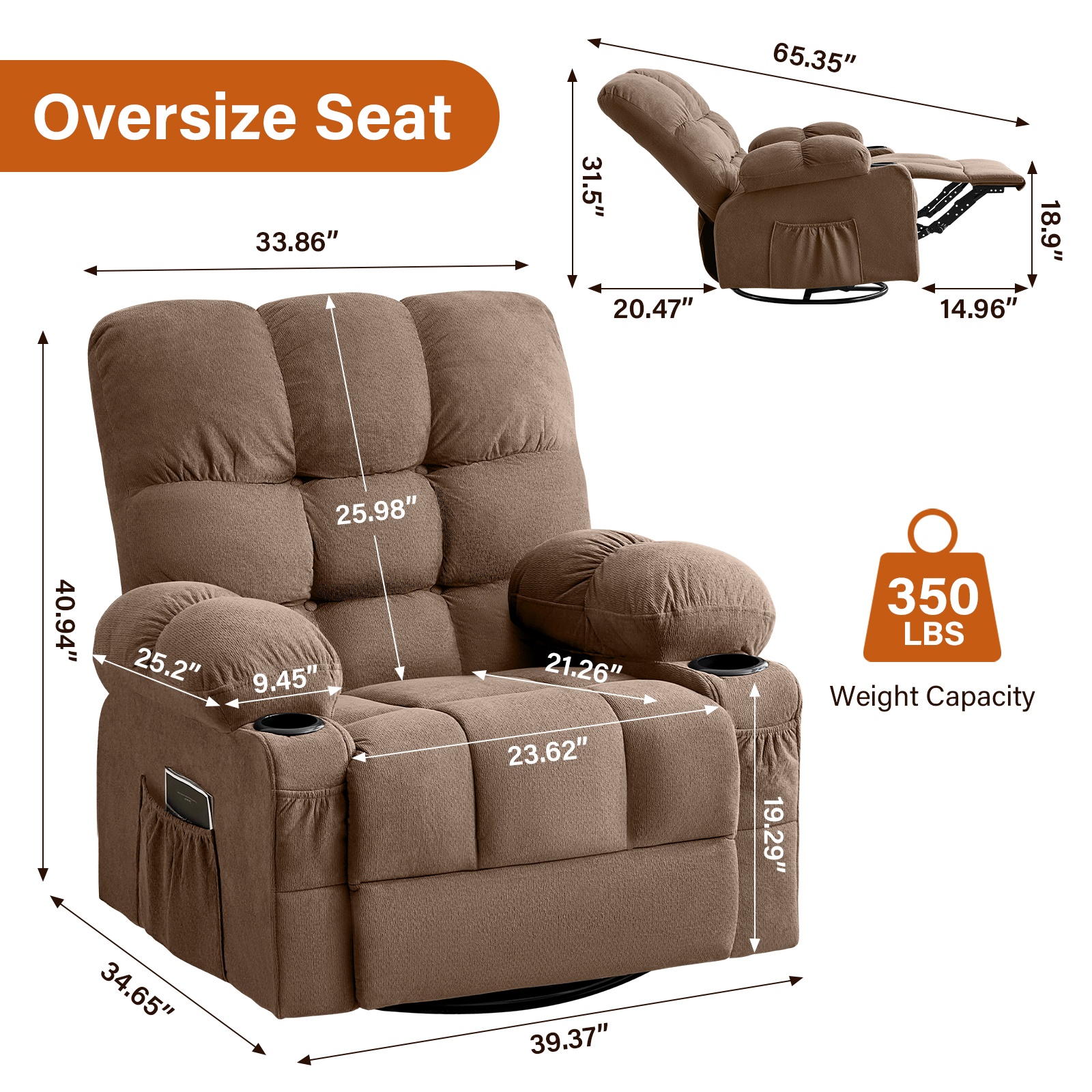 Alvantor Swivel Rocker Recliner Chair with Massage & Heat Single Rocker Sofa with Cup Holders for Bedroom Home Theater Brown