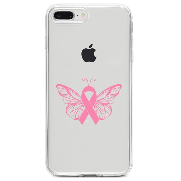DistinctInk Clear Shockproof Hybrid Case for iPhone 7 PLUS / 8 PLUS (5.5" Screen) TPU Bumper Acrylic Back Tempered Glass Screen Protector - Pink Ribbon Cancer - Butterfly