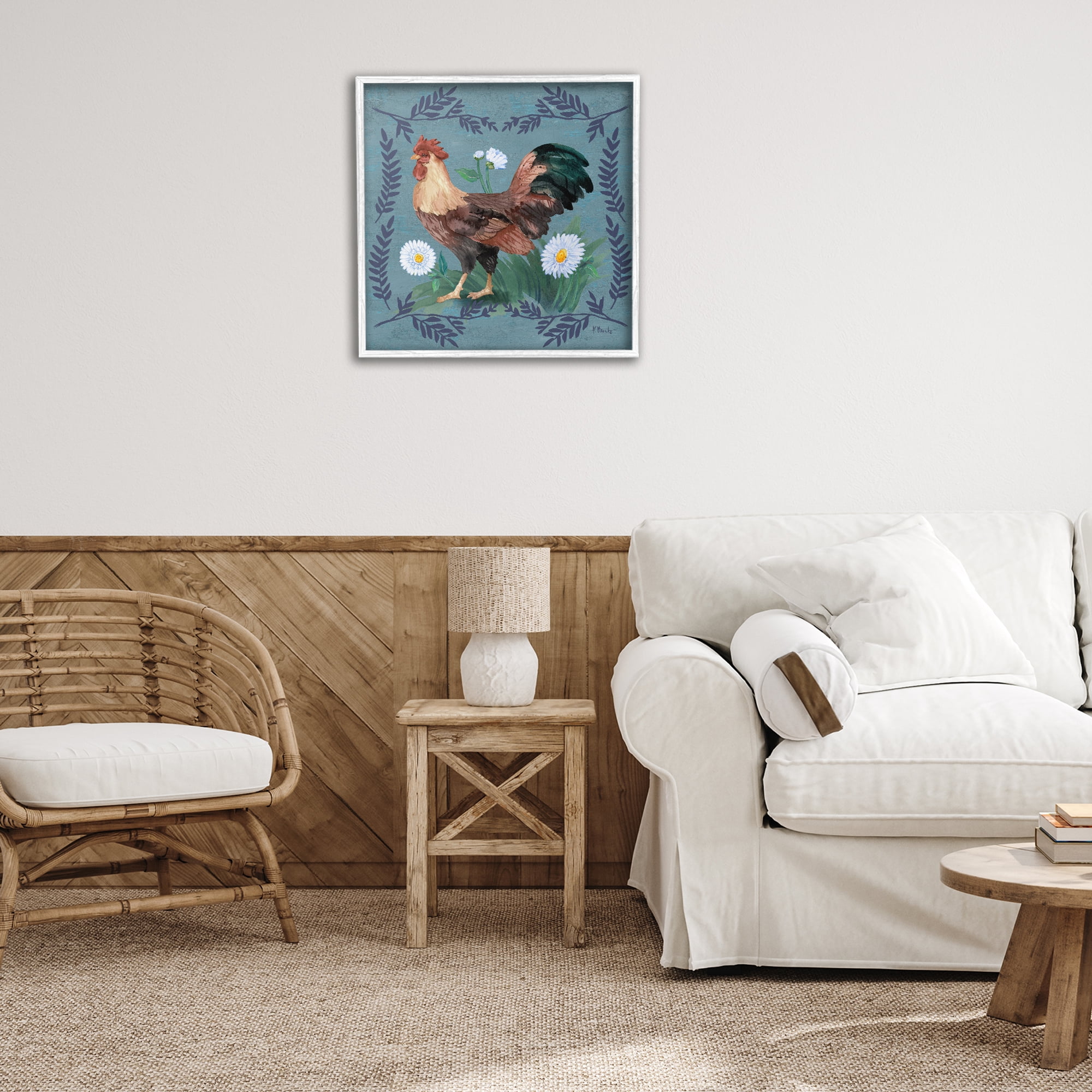 Stupell Industries Rooster & Fern Trim Animals & Insects Painting White Framed Art Print Wall Art, 24 x 24